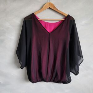 Women's EXPRESS Sheer Black Batwing Loose Blouse Over Pink Sleeveless Under Sz S